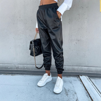 Дамски PU кожени панталони - средна талия, тесен силует, дълги панталони, уличен стил, колажен дизайн