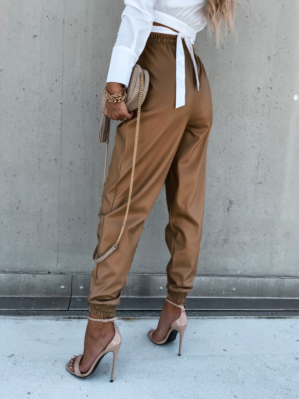 Női PU bőrnadrág - középső derekú, szűk szabás, hosszú nadrág, street fashion, patchwork dizájn