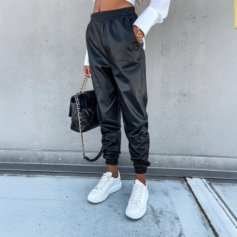 Női PU bőrnadrág - középső derekú, szűk szabás, hosszú nadrág, street fashion, patchwork dizájn