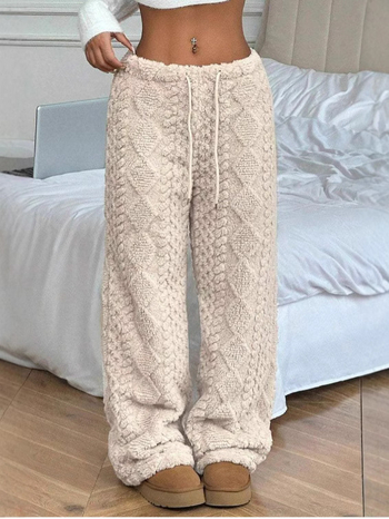 Pantaloni casual damă cu țesătură jacquard pluș, talie elastică, croială dreaptă, grosime de iarnă — Iarna 2024