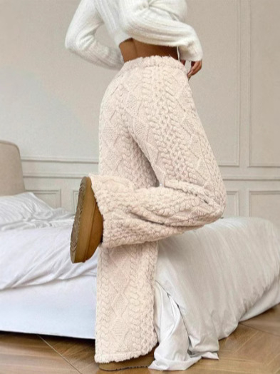 Pantaloni casual damă cu țesătură jacquard pluș, talie elastică, croială dreaptă, grosime de iarnă — Iarna 2024