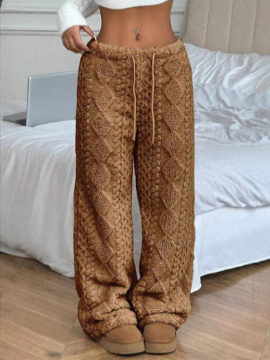 Pantaloni casual damă cu țesătură jacquard pluș, talie elastică, croială dreaptă, grosime de iarnă — Iarna 2024