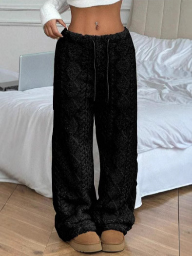 Pantaloni casual damă cu țesătură jacquard pluș, talie elastică, croială dreaptă, grosime de iarnă — Iarna 2024
