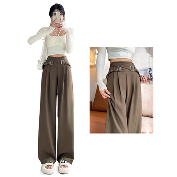 Дамски панталони с висока талия и широки крачоли от полиестер, джобове, 95% полиестер, градски стил, зима 2022