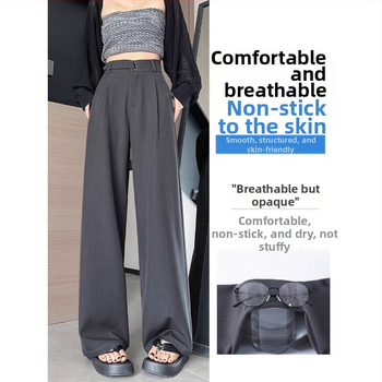 Дамски панталони - висока талия, прав силует, тънък плат, пролет 2025, японско-корейски ежедневен стил.