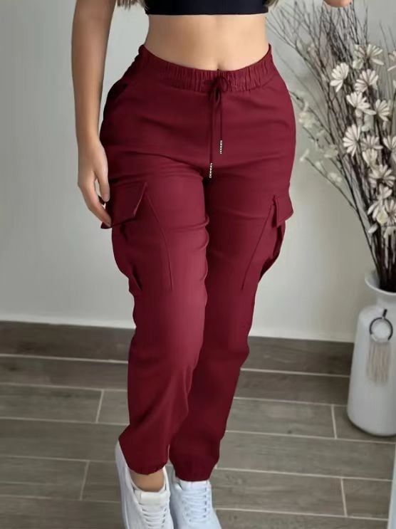 Pantaloni cargo pentru femei cu șnur, talie elastica, tesătură Cool Silk-Cotton, 95% poliester + 2% spandex, primăvara 2025, stil casual japonez-coreean