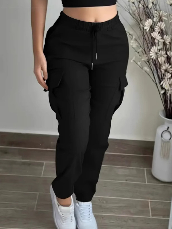 Pantaloni cargo pentru femei cu șnur, talie elastica, tesătură Cool Silk-Cotton, 95% poliester + 2% spandex, primăvara 2025, stil casual japonez-coreean