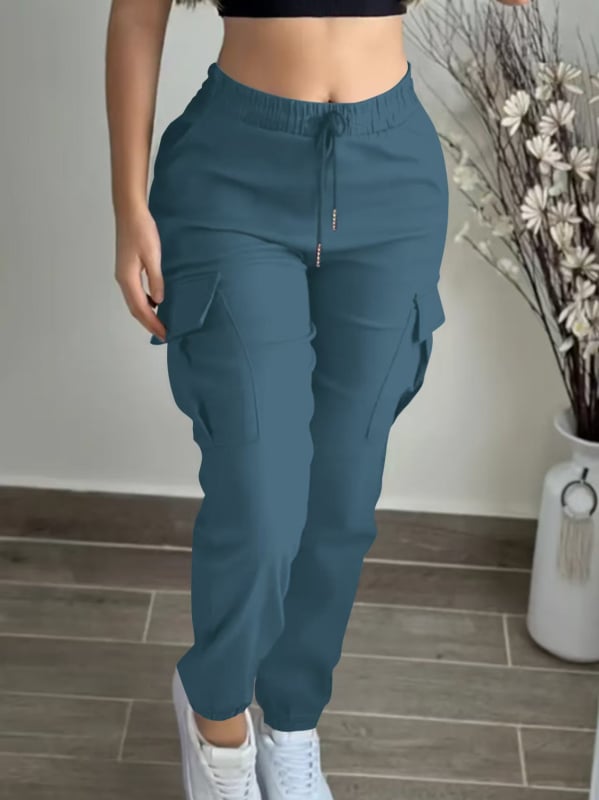 Pantaloni cargo pentru femei cu șnur, talie elastica, tesătură Cool Silk-Cotton, 95% poliester + 2% spandex, primăvara 2025, stil casual japonez-coreean