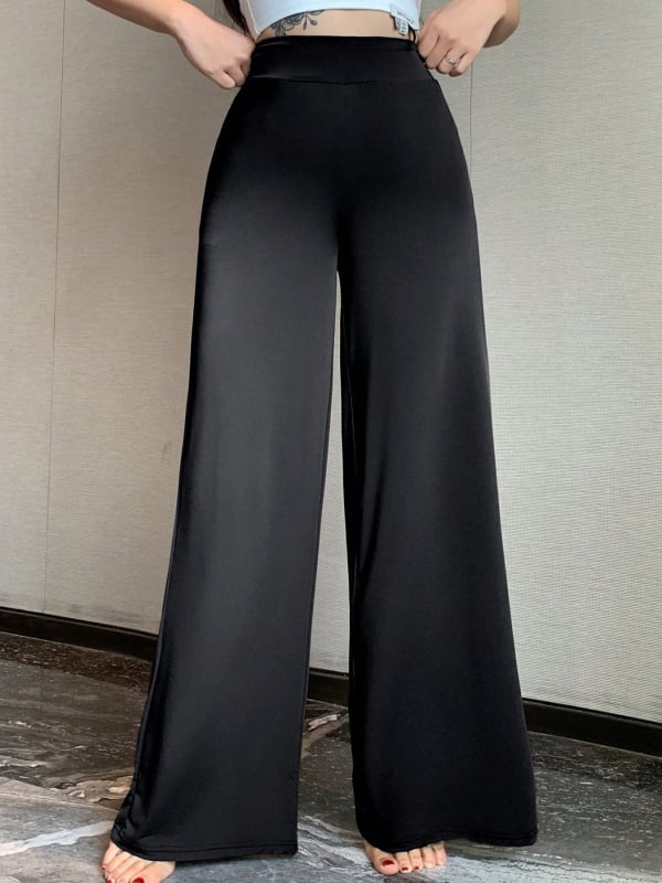 Női kényelmes nadrág egyenes szabású, középmagas derekú, padlót érő hosszúságú, poliészter anyag, japán-koreai laza stílus