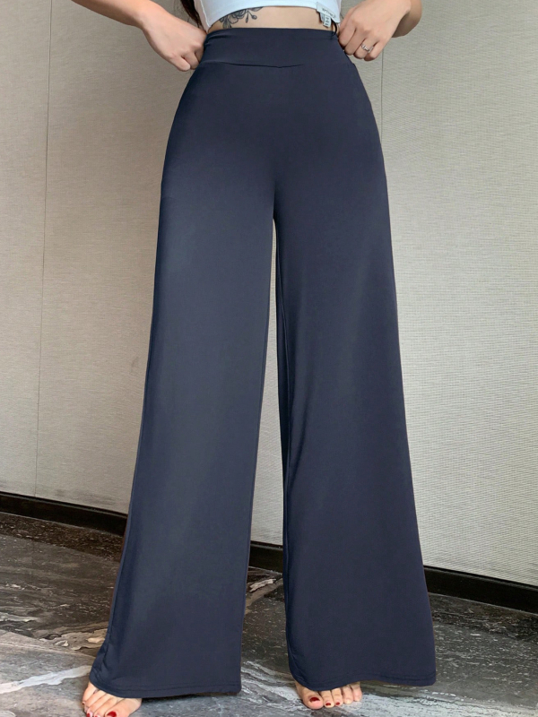 Női kényelmes nadrág egyenes szabású, középmagas derekú, padlót érő hosszúságú, poliészter anyag, japán-koreai laza stílus