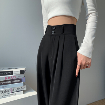 женски широки панталони с висока талия, дълги до пода, с две копчета, ежедневни костюмни панталони, микроеластичен спандекс 90–95%