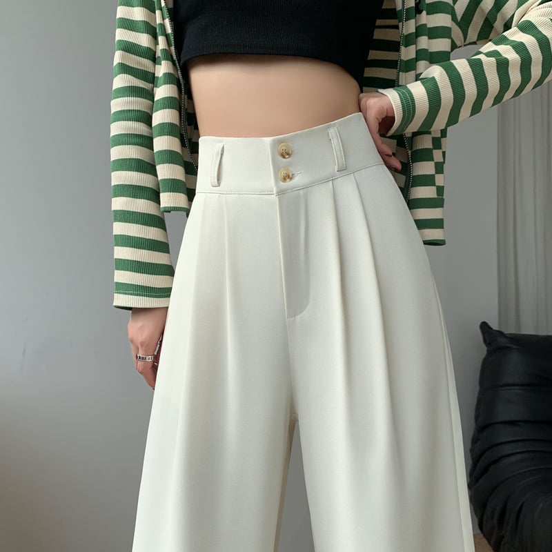 Ženske široke hlače s visokim strukom, do poda, s dvostrukim gumbom, casual hlače za kostim, mikro-elastični spandex 90–95%