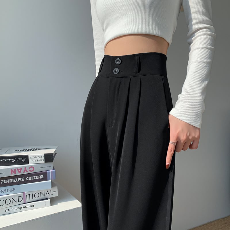 Ženske široke hlače s visokim strukom, do poda, s dvostrukim gumbom, casual hlače za kostim, mikro-elastični spandex 90–95%