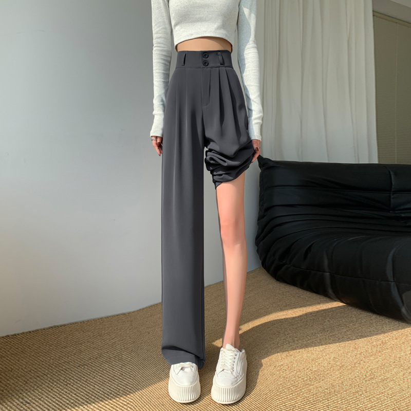 Ženske široke hlače s visokim strukom, do poda, s dvostrukim gumbom, casual hlače za kostim, mikro-elastični spandex 90–95%