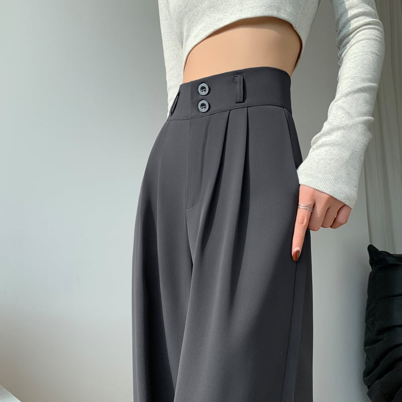 Ženske široke hlače s visokim strukom, do poda, s dvostrukim gumbom, casual hlače za kostim, mikro-elastični spandex 90–95%
