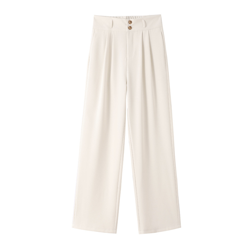 Ženske široke hlače s visokim strukom, do poda, s dvostrukim gumbom, casual hlače za kostim, mikro-elastični spandex 90–95%