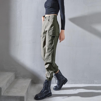 Дамски кежуал карго панталони, висока талия, къс крачол, стеснен силует, кашмирена смес (къс крачол, висока талия, стеснен силует, кашмирена смес, средна плътност)