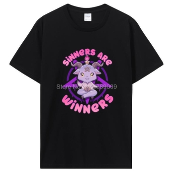 Βαμβακερό T‑shirt με γραφικό Baphomet, εκτύπωση σε ρετρό στυλ, στρογγυλός λαιμός, κοντά μανίκια