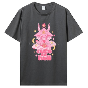 Βαμβακερό T‑shirt με γραφικό Baphomet, εκτύπωση σε ρετρό στυλ, στρογγυλός λαιμός, κοντά μανίκια