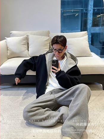 Мъжки кардиган-свитшърт със свободна кройка, къс модел, с качулка и двойна ципа, полиестер 96%+, пролет-есен 2024, корейски стил.