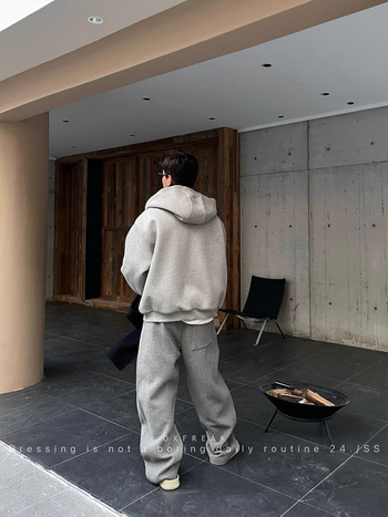 Мъжки кардиган-свитшърт със свободна кройка, къс модел, с качулка и двойна ципа, полиестер 96%+, пролет-есен 2024, корейски стил.