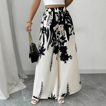 Печатни прави панталони с връзки на талията, средна талия, полиестер-еластанова смес