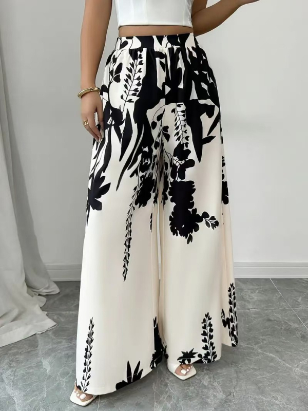 Otisnute ravne hlače s vezicom u struku, srednja visina struka, poliester-elastan blend