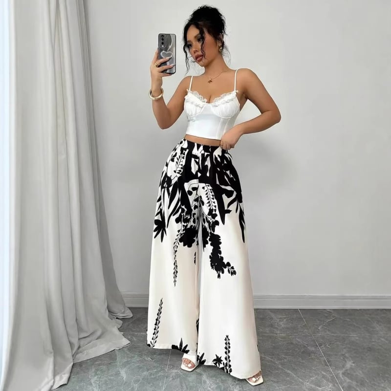 Otisnute ravne hlače s vezicom u struku, srednja visina struka, poliester-elastan blend