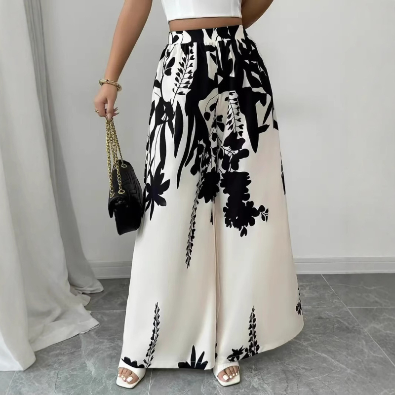 Otisnute ravne hlače s vezicom u struku, srednja visina struka, poliester-elastan blend