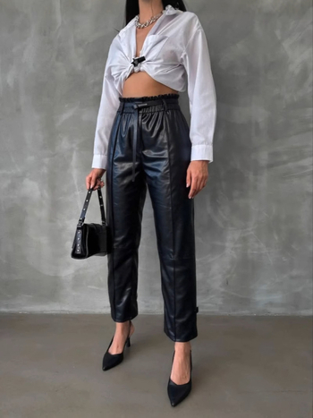 Дамски харем панталони от PU кожа, висока талия, ежедневен градски стил, смесена материя със спандекс