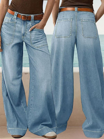 Jeans pentru femei – croi cropped, talie medie, croi larg drept, denim cu 50–70% bumbac și poliester, spălat