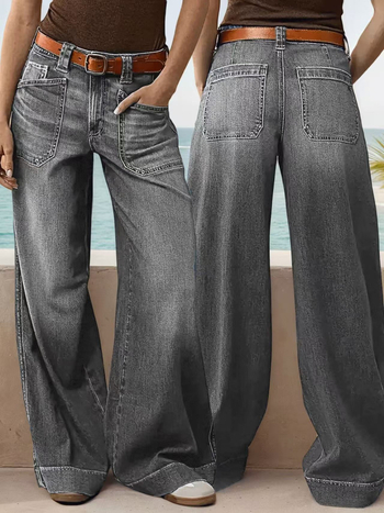 Jeans pentru femei – croi cropped, talie medie, croi larg drept, denim cu 50–70% bumbac și poliester, spălat