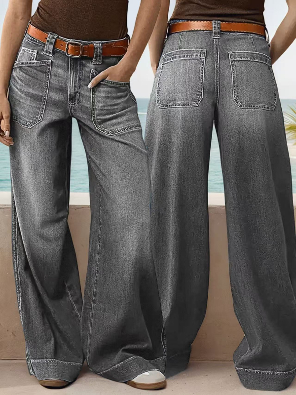 Jeans pentru femei – croi cropped, talie medie, croi larg drept, denim cu 50–70% bumbac și poliester, spălat