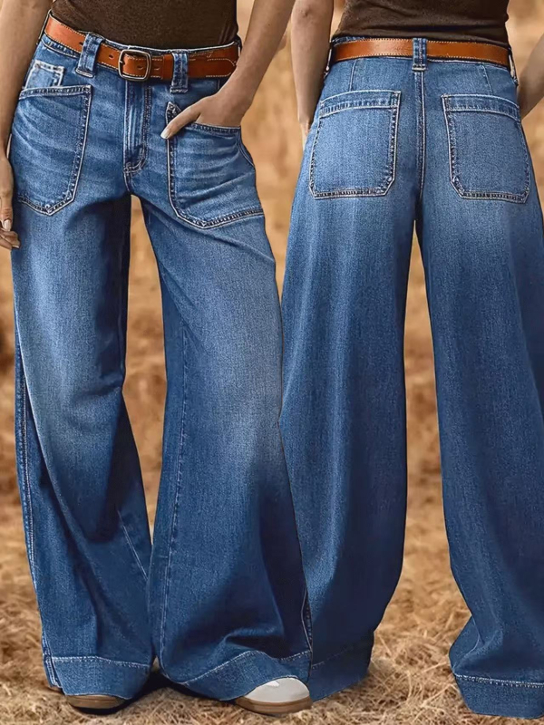 Jeans pentru femei – croi cropped, talie medie, croi larg drept, denim cu 50–70% bumbac și poliester, spălat