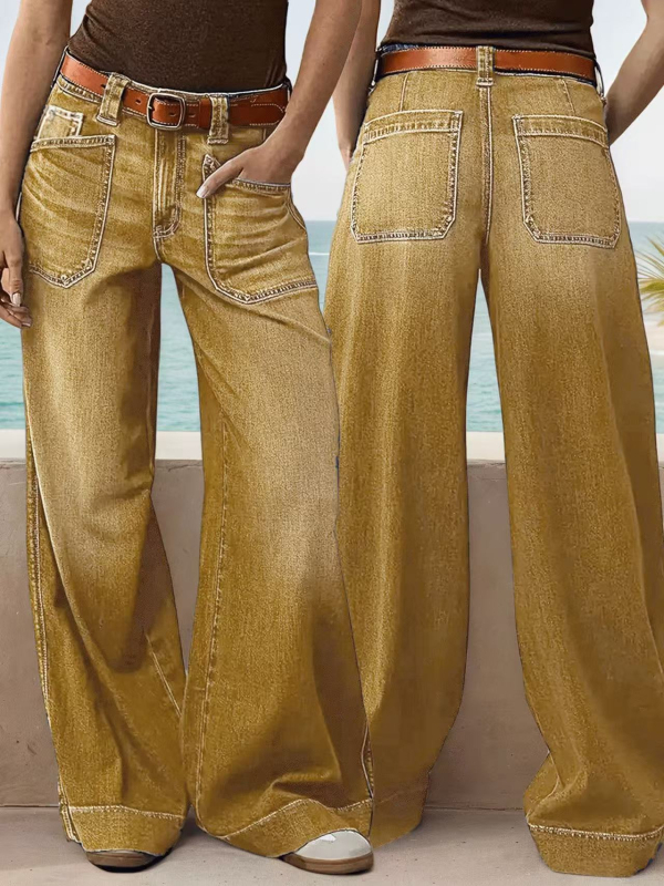 Jeans pentru femei – croi cropped, talie medie, croi larg drept, denim cu 50–70% bumbac și poliester, spălat