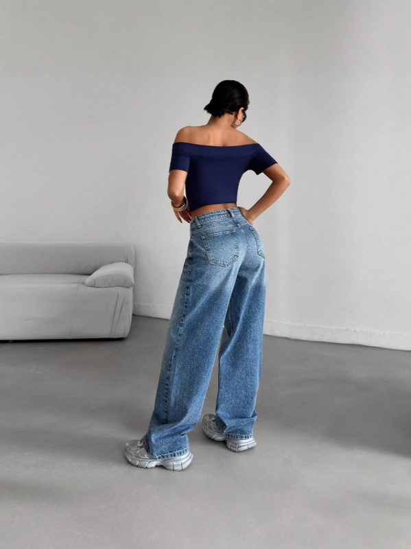 Τζιν με χαμηλή μέση, φαρδιά γραμμή, υψηλή ελαστικότητα, ντένιμ με 70-80% βαμβάκι