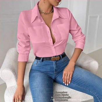 Γυναικείο πουκάμισο, στενή γραμμή, μακριά μανίκια, με γιακά στήριξης, στυλ καρντίνγκ/πολυ καθημερινό, μήκος 50–65 εκ