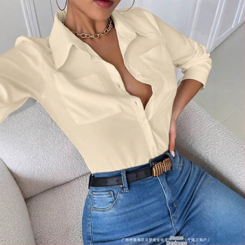 Γυναικείο πουκάμισο, στενή γραμμή, μακριά μανίκια, με γιακά στήριξης, στυλ καρντίνγκ/πολυ καθημερινό, μήκος 50–65 εκ