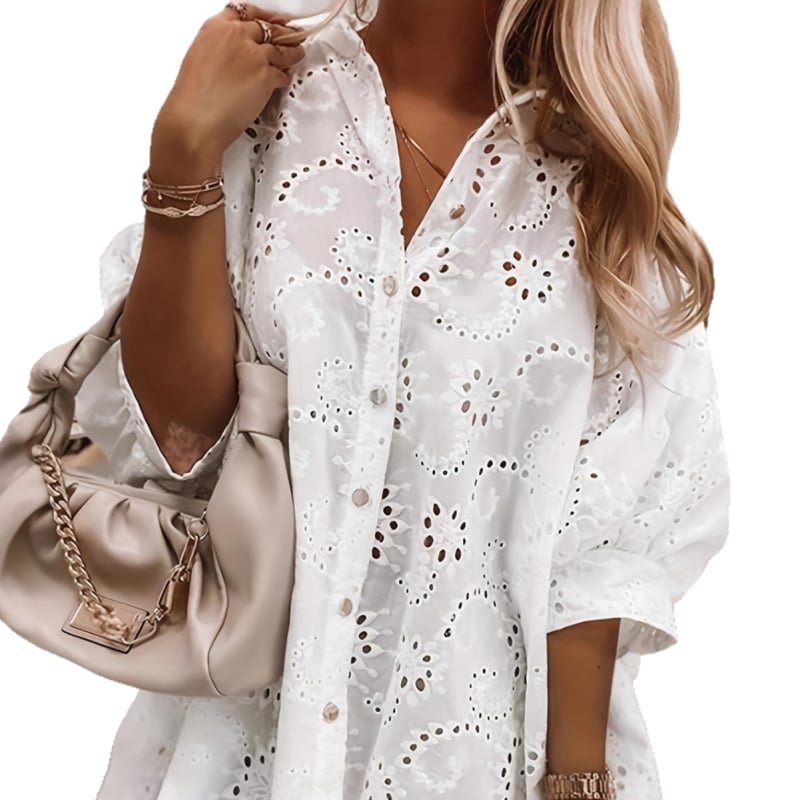 Bluza poliester cu model floral și design decupat, mâneci lungi, nasturi pe un rând