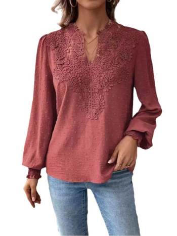 Γυναικείο φθινοπωρινό τοπ με βαθύ V λαιμό, διάτρητο δαντελένιο Jacquard σχέδιο, διαπνέον πολυεστέρας, μακριά μανίκια, μεσαίο μήκος (65–80 εκ.), 2024