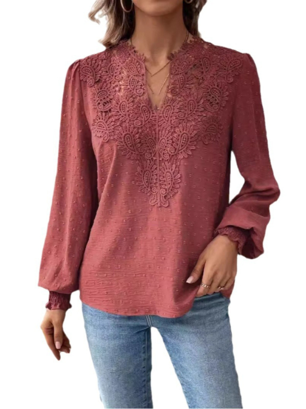 Top pentru femei toamna 2024 cu decolteu adânc în V, dantelă jacquard perforată, respirabil din poliester, mâneci lungi, lungime medie