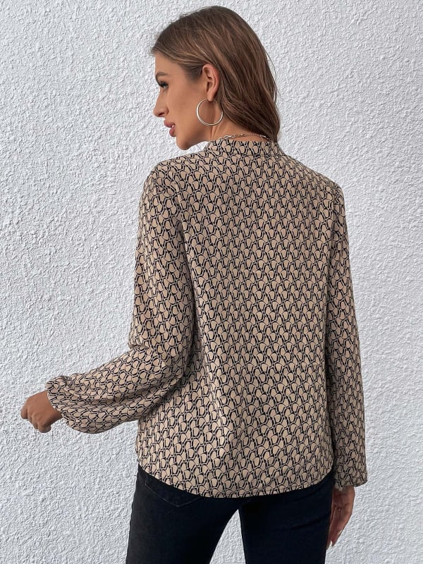 Ženska bluza s tiskom, V-dekolte i lampastim rukavima, poliester 95%+, redovna duljina 50-65 cm, jesen 2025