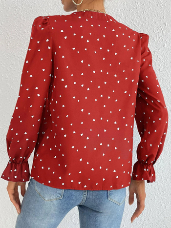 Πουκάμισο με μακριά μανίκια, V-λαιμό, εκτύπωση καρδιάς, πολυεστέρας