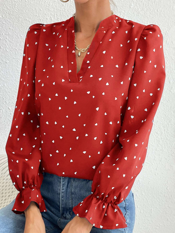 Πουκάμισο με μακριά μανίκια, V-λαιμό, εκτύπωση καρδιάς, πολυεστέρας