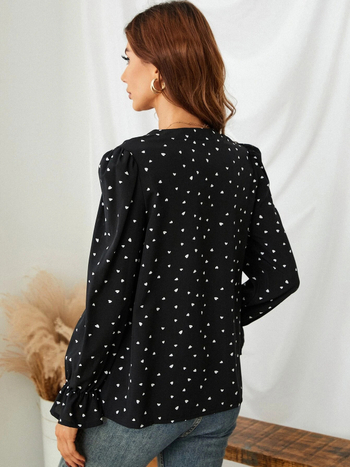 Πουκάμισο με μακριά μανίκια, V-λαιμό, εκτύπωση καρδιάς, πολυεστέρας