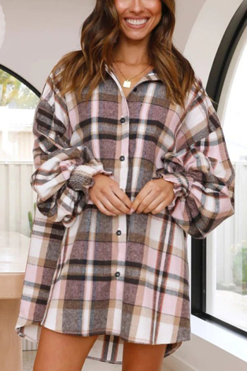 Cămașă în carouri, mâneci lampă, mânecă lungă, guler rever, croială lejeră, lungime medie, țesătură poliester-spandeks