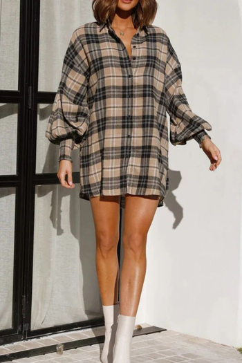 Πουκάμισο καρό με φανάρια μανίκια, μακριά μανίκια, γείσο λαπέλ, χαλαρή γραμμή μέσου μήκους, πολυεστέρας-σπαντέξ ύφασμα