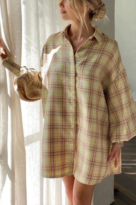 Cămașă în carouri, mâneci lampă, mânecă lungă, guler rever, croială lejeră, lungime medie, țesătură poliester-spandeks