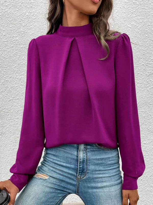 Cămașă satinată, mâneci lungi, guler semi-turtleneck, croială lejeră, 95% poliester