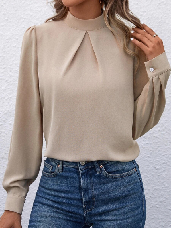Cămașă satinată, mâneci lungi, guler semi-turtleneck, croială lejeră, 95% poliester